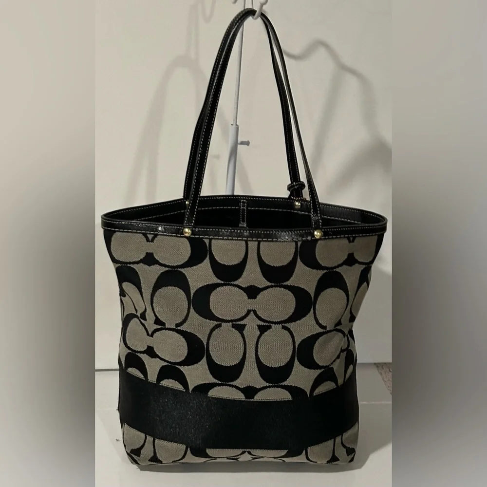 Coach Signature Black Gray Canvas Leather structured logo Shoulder Bag - Picture 12 of 16